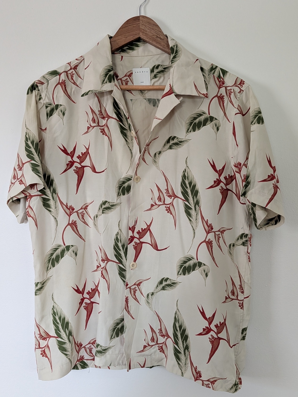 Sandro Beige Short-Sleeve Floral Button-Down Shirt with Red and Green Print